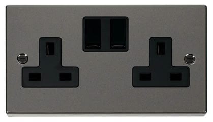 Black Nickel 2 Gang 13A Twin Double Switched Plug Socket - Black Trim - SE Home