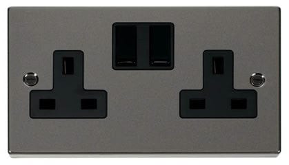 Black Nickel - Black Inserts Black Nickel 2 Gang 13A Twin Double Switched Plug Socket - Black Trim