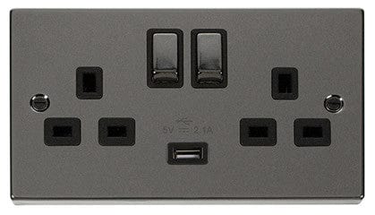 Black Nickel 2 Gang 13A DP Ingot 1 USB Twin Double Switched Plug Socket - Black Trim - SE Home