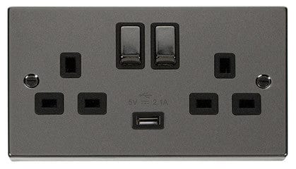 Black Nickel - Black Inserts Black Nickel 2 Gang 13A DP Ingot 1 USB Twin Double Switched Plug Socket - Black Trim