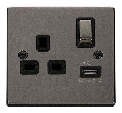 Black Nickel 1 Gang 13A DP Ingot 1 USB Switched Plug Socket - Black Trim - SE Home