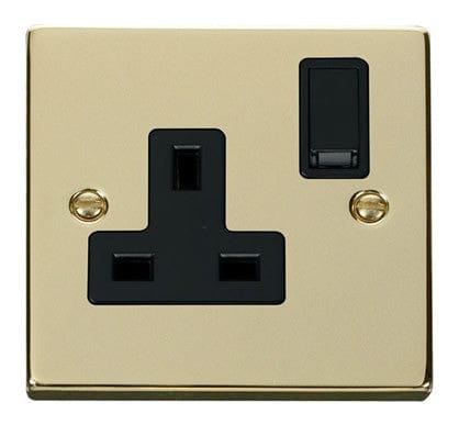 Polished Brass - Black Inserts Polished Brass 1 Gang 13A DP Switched Plug Socket - Black Trim