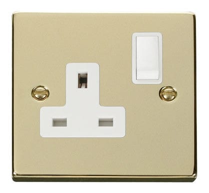 Polished Brass 1 Gang 13A DP Switched Plug Socket - White Trim - SE Home