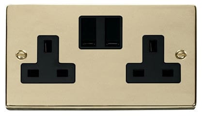 Polished Brass 2 Gang 13A Twin Double Switched Plug Socket - Black Trim - SE Home