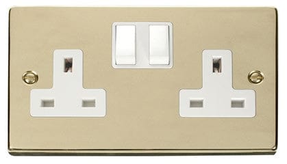 Polished Brass 2 Gang 13A Twin Double Switched Plug Socket - White Trim - SE Home