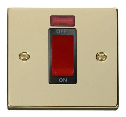Polished Brass 1 Gang Size 45A Switch With Neon - Black Trim - SE Home