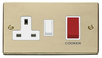Polished Brass - White Inserts Polished Brass Cooker Control 45A With 13A Switched Socket - White Trim