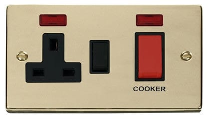 Polished Brass Cooker Control 45A With 13A Switched Socket & 2 Neons - Black Trim - SE Home