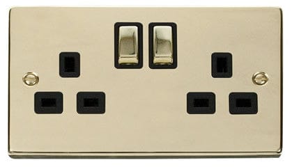 Polished Brass 2 Gang 13A DP Ingot Twin Double Switched Plug Socket - Black Trim - SE Home