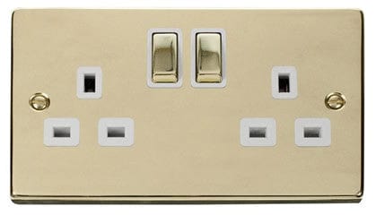 Polished Brass 2 Gang 13A DP Ingot Twin Double Switched Plug Socket - White Trim - SE Home