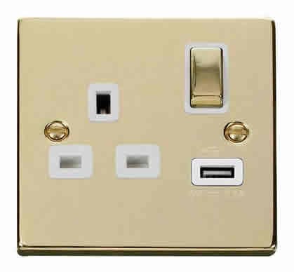 Polished Brass 1 Gang 13A DP Ingot 1 USB Switched Plug Socket - White Trim - SE Home