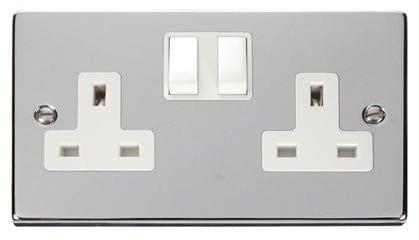 Polished Chrome 2 Gang 13A Twin Double Switched Plug Socket - White Trim - SE Home