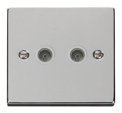 Polished Chrome 2 Gang Twin Coaxial TV Socket - White Trim - SE Home