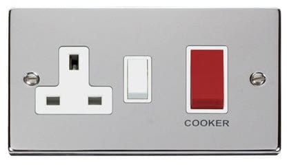 Polished Chrome - White Inserts Polished Chrome Cooker Control 45A With 13A Switched Plug Socket - White Trim