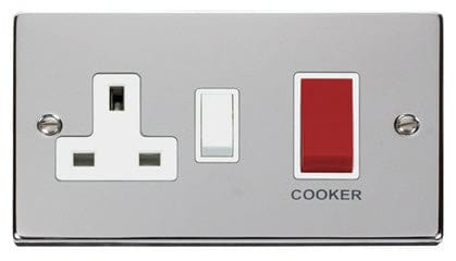 Polished Chrome Cooker Control 45A With 13A Switched Plug Socket - White Trim - SE Home
