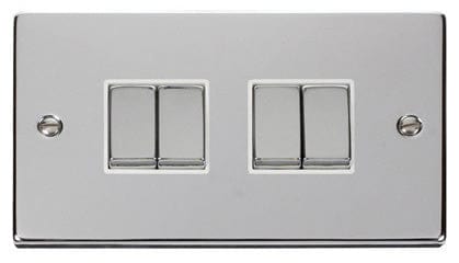 Polished Chrome - White Inserts Polished Chrome 10A 4 Gang 2 Way Ingot Light Switch - White Trim