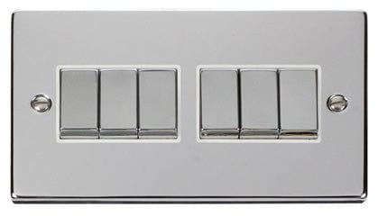 Polished Chrome - White Inserts Polished Chrome 10A 6 Gang 2 Way Ingot Light Switch - White Trim