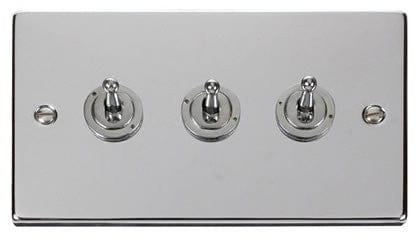 Polished Chrome - White Inserts Polished Chrome 3 Gang 2 Way 10AX Toggle Light Switch