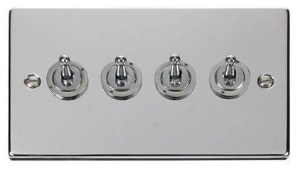 Polished Chrome - White Inserts Polished Chrome 4 Gang 2 Way 10AX Toggle Light Switch