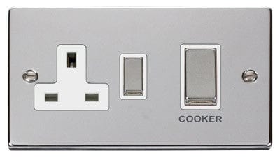 Polished Chrome Cooker Control Ingot 45A With 13A Switched Plug Socket - White Trim - SE Home