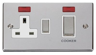 Polished Chrome Cooker Control Ingot 45A With 13A Switched Plug Socket & 2 Neons - White Trim - SE Home
