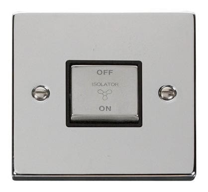 Polished Chrome 10A 1 Gang Ingot 3 Pole Fan Isolation Switch - Black Trim - SE Home
