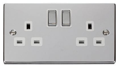 Polished Chrome 2 Gang 13A DP Ingot Twin Double Switched Plug Socket - White Trim - SE Home