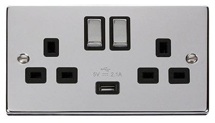 Polished Chrome 2 Gang 13A DP Ingot 1 USB Twin Double Switched Plug Socket - Black Trim - SE Home