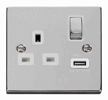Polished Chrome 1 Gang 13A DP Ingot 1 USB Switched Plug Socket - White Trim - SE Home