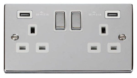 Polished Chrome 2 Gang 13A DP Ingot 2 USB Twin Double Switched Plug Socket - White Trim - SE Home