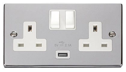 Polished Chrome 2 Gang 13A 1 USB Twin Double Switched Plug Socket - White Trim - SE Home