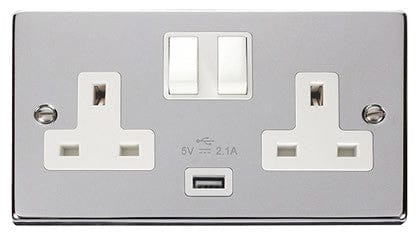 Polished Chrome - White Inserts Polished Chrome 2 Gang 13A 1 USB Twin Double Switched Plug Socket - White Trim