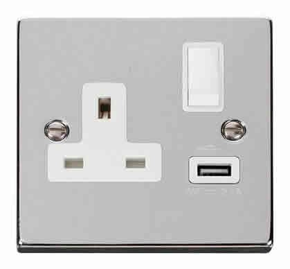 Polished Chrome 1 Gang 13A DP 1 USB Switched Plug Socket - White Trim - SE Home