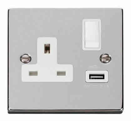 Polished Chrome - White Inserts Polished Chrome 1 Gang 13A DP 1 USB Switched Plug Socket - White Trim