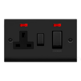 Matt Black Cooker Control Ingot 45A With 13A Switched Plug Socket & 2 Neons - Black Trim - SE Home