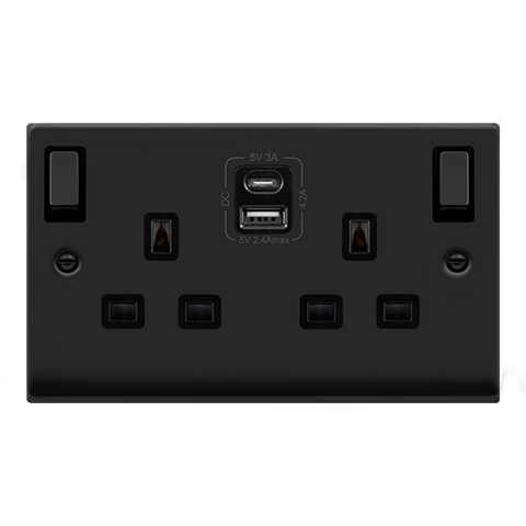 Matt Black - Black Inserts Matt Black 2 Gang 13A DP Ingot Type A & C USB Twin Double Switched Plug Socket - Black Trim