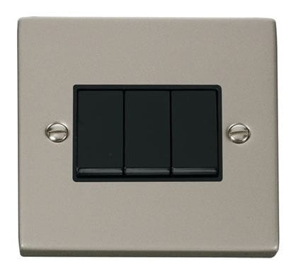 Pearl Nickel 10A 3 Gang 2 Way Light Switch - Black Trim - SE Home