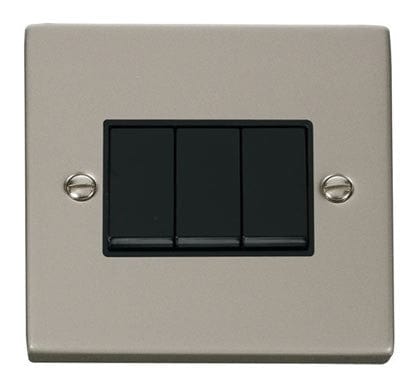 Pearl Nickel - Black Inserts Pearl Nickel 10A 3 Gang 2 Way Light Switch - Black Trim