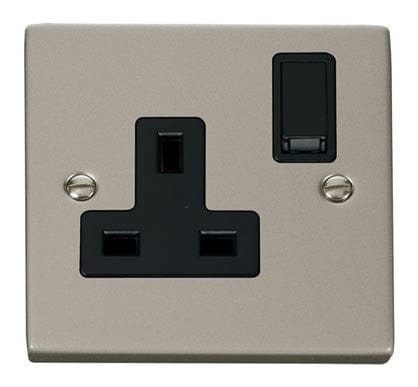 Pearl Nickel 1 Gang 13A DP Switched Plug Socket - Black Trim - SE Home