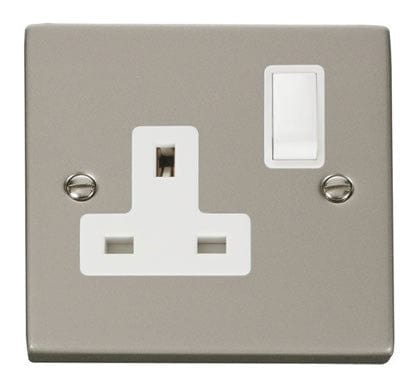Pearl Nickel 1 Gang 13A DP Switched Plug Socket - White Trim - SE Home