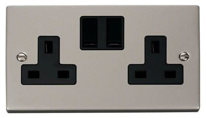 Pearl Nickel 2 Gang 13A Twin Double Switched Plug Socket - Black Trim - SE Home
