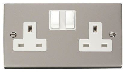 Pearl Nickel - White Inserts Pearl Nickel 2 Gang 13A Twin Double Switched Plug Socket - White Trim