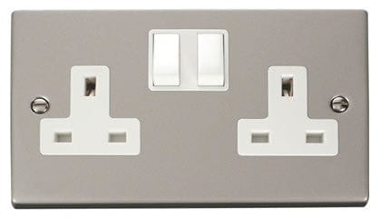 Pearl Nickel 2 Gang 13A Twin Double Switched Plug Socket - White Trim - SE Home