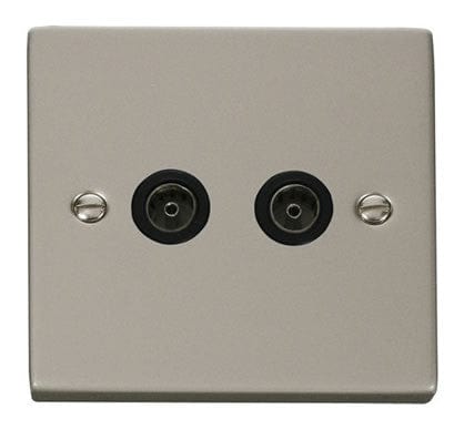 Pearl Nickel 2 Gang Twin Coaxial TV Socket - Black Trim - SE Home