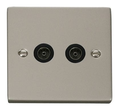 Pearl Nickel - Black Inserts Pearl Nickel 2 Gang Twin Coaxial TV Socket - Black Trim