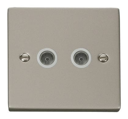 Pearl Nickel - White Inserts Pearl Nickel 2 Gang Twin Coaxial TV Socket - White Trim