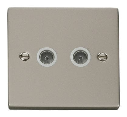 Pearl Nickel 2 Gang Twin Coaxial TV Socket - White Trim - SE Home