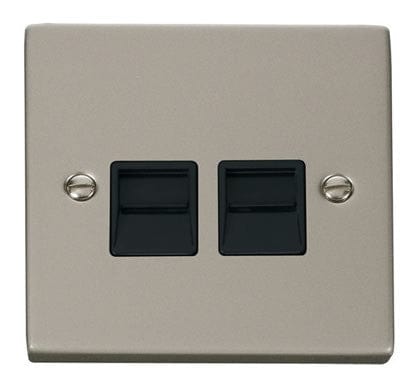 Pearl Nickel Master Telephone Twin Socket - Black Trim - SE Home