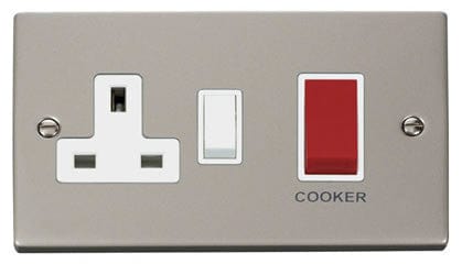 Pearl Nickel Cooker Control 45A With 13A Switched Plug Socket - White Trim - SE Home