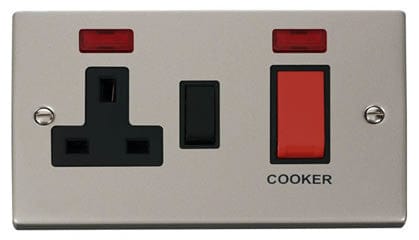 Pearl Nickel Cooker Control 45A With 13A Switched Plug Socket & 2 Neons - Black Trim - SE Home
